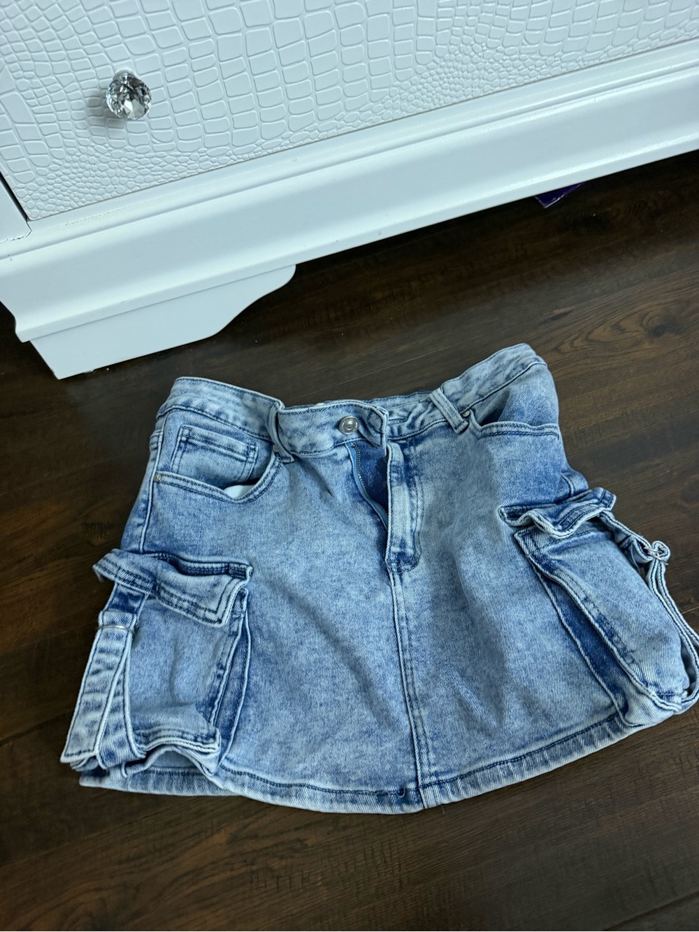 Light Wash Denim Cargo Mini Skirt